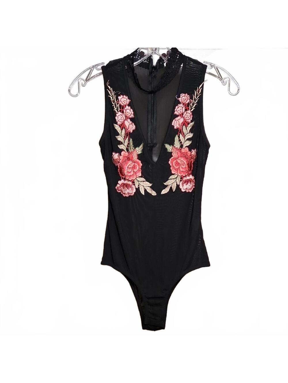 Seek The Label | Sheer Black Bodysuit with Floral Embroidery | S
